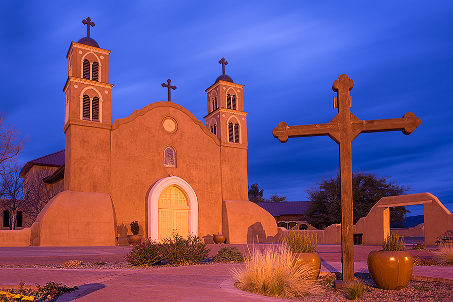 The old San Miguel Mission photographed at the blue hour in Socorro, New Mexico during the Festival of the Cranes.
