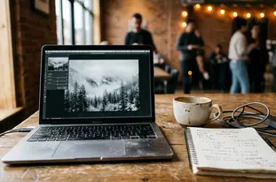 On-site Coffee shop working environment showing a scuffed wooden table and a half-empty mug